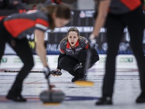 Team Ontario-Homan skip Rachel Homan encourages her teammates as they play Team Manitoba-Jones in the final at the Scotties Tournament of Hearts in Calgary, Sunday, Feb. 25, 2024.