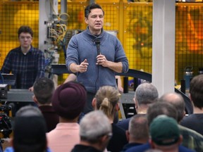 Conservative Leader Pierre Poilievre speaks to employees at CenterLine Limited in Windsor on Feb. 23, 2024.