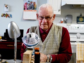 John Vanderzyde sits at his woodworking station on his 24th –or his 96th – birthday on Thursday, Feb. 29, 2024 in Prescott, Ont. (RONALD ZAJAC/The Recorder and Times)
