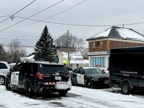 Ontario Provincial Police cruisers are parked in Athens on Saturday afternoon as a sudden death investigation continues. (CATHERINE ORTH/Special to The Recorder and Times)