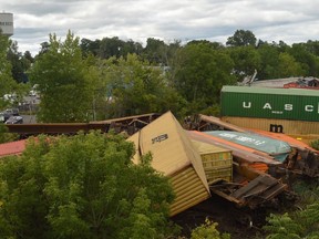 The view looking west from the Edward Street overpass in Prescott shortly after a head-on collision between a westbound freight train and a stationary freight train on Sept. 2, 2021. Three CN Rail crew members were injured. File photo/The Recorder and Times/Postmedia News