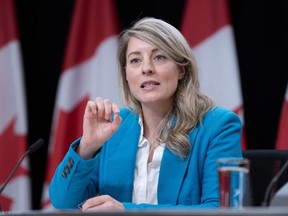 Minister of Foreign Affairs Mélanie Joly responds to a question from a reporter about the situation in Haiti, Monday, March 25, 2024 in Ottawa.