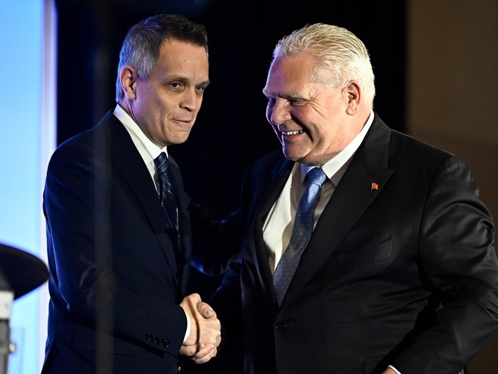  Ontario Premier Doug Ford shakes hands with Ottawa Mayor Mark Sutcliffe at the Ottawa Board of Trade’s Mayor’s Breakfast Series, in Ottawa, on Thursday, March 28, 2024.
