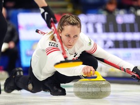 Canada's skip Rachel Homan delivers a rock during World Women's Curling Championship action against Sweden in Sydney, N.S. on Saturday, March 16, 2024.