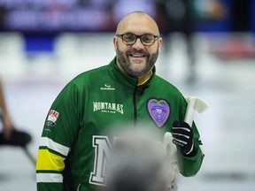 Northern Ontario skip Trevor Bonot smiles after defeating Ontario during the Brier, in Regina, on Tuesday, March 5, 2024.