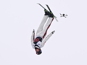 Marion Thenault, of Sherbrooke, Que., jumps at the FIS freestyle world cup women's aerials in Lac-Beauport, Que., on February 11, 2024.