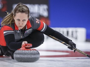 Team Ontario-Homan skip Rachel Homan makes a shot against Team Manitoba-Jonesin the final at the Scotties Tournament of Hearts in Calgary, Sunday, Feb. 25, 2024. Rachel Homan has her sights set on ending Canada's five-year gold-medal drought at the world women's curling championship.