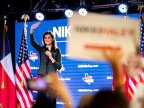 Republican presidential candidate former U.N. Ambassador Nikki Haley waves to the crowd at the conclusion of a campaign rally at the Sawyer Park Icehouse bar on March 04, 2024 in Spring, Texas