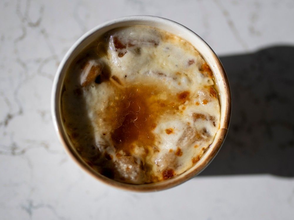 OTTAWA: French Onion soup from Canal Market Hall at the Ottawa Macdonald&ndash;Cartier International Airport Canada/International gate in Ottawa, on Monday, Feb. 26, 2024.