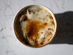 OTTAWA: French Onion soup from Canal Market Hall at the Ottawa Macdonald–Cartier International Airport Canada/International gate in Ottawa, on Monday, Feb. 26, 2024.