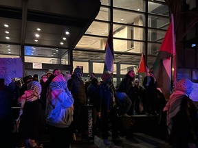 A protest outside the Jewish Community Foundation of Montreal, whose premises include the Montreal Holocaust Museum.