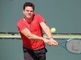Canadian Milos Raonic practises at the BNP Paribas Open in Indian Wells, Calif. on Tuesday, March 5, 2024.
