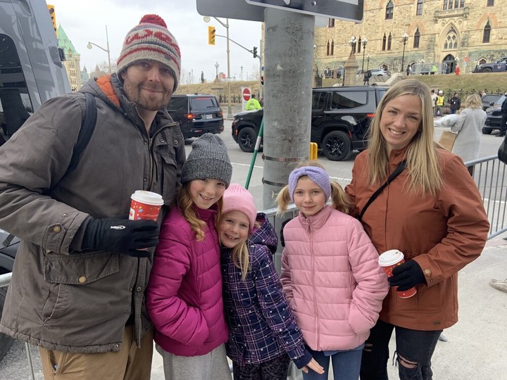  As part of a spring break trip to the national capital, the Neal family from Victoria, B.C., came to watch the cortège of former prime minister Brian Mulroney on Tuesday morning. From left, father Chris, Emily, 10, Laura, 7, Hannah, 8, and mother Amanda.