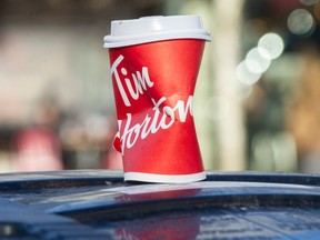 A Tim Horton’s coffee cup in Olympic Village in Vancouver, B.C., January 11, 2023.