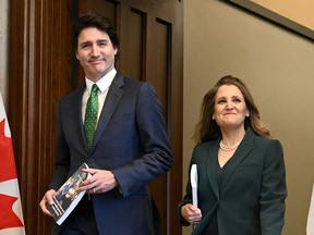 Prime Minister Justin Trudeau and Finance Minister Chrystia Freeland arrive to deliver the 2023 federal budget, March 28, 2023.