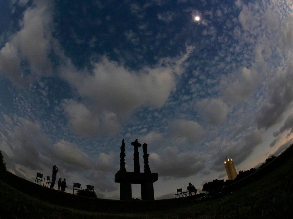  FORT WORTH, TEXAS – APRIL 8: The moon eclipses the sun on April 8, 2024 in Fort Worth, Texas. Millions of people have flocked to areas across North America that are in the path of totality in order to experience a total solar eclipse. During the event, the moon will pass in between the sun and the Earth, appearing to block the sun.