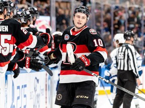 Zack Ostapchuk in a Belleville Senators' afternoon game against the Toronto Marlies at Scotiabank Arena on Tuesday Dec. 26.
