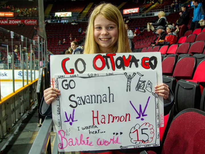  Savannah Cosby, 9, and her parents drove from their home in St. Catharines on Saturday to watch PWHL Ottawa play Minnesota.