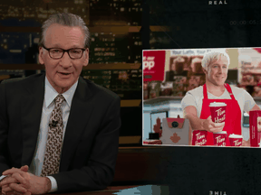 A screenshot from Bill Maher's segment on Canada,showing Ryan Reynolds as Ken working at Tim Hortons.