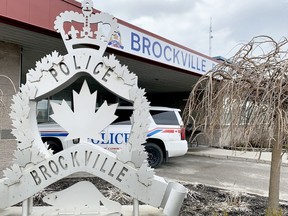 A police cruiser sits outside the Brockville Police station on Saturday morning, March 26, 2022. (RONALD ZAJAC/The Recorder and Times)