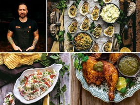 Clockwise from top left: chef, TV host, and cookbook author Dennis Prescott; baked oysters with garlic butter and Parmesan pangrattato; smoky lime chicken with grilled jalapeño hot sauce; and creamed lobster dip. PHOTOS BY DENNIS PRESCOTT