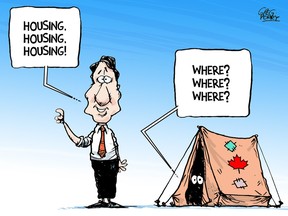 Cartoon of Trudeau talking about housing while person lives in tent