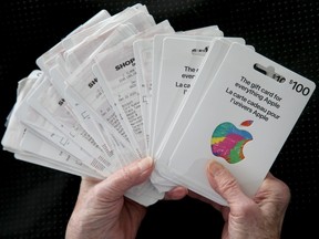 Joan Smith (not her real name), 81, holds the dozens of Apple gift cards she bought, totalling $17,500.
