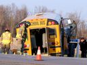Three children and the driver of a school bus were taken to hospital with non-life-threatening injuries Monday after the bus collided with a truck along Route 400 at MacDonald and Leclerc roads in Russell on Monday afternoon.
