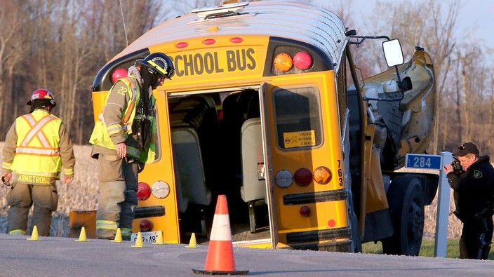 Six children taken to CHEO after school bus collides with truck