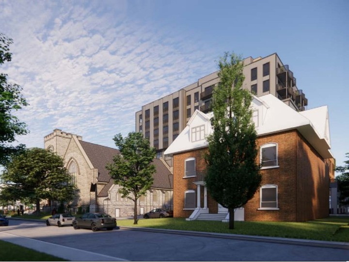  A rendering for a proposed 113-unit residential building that would be “built around” the historic All Saints Church on Chapel Street in Sandy Hill.