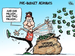 editorial cartoon of Trudeau doling out money