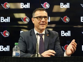 Ottawa Senators president of hockey operations and General Manager Steve Staios speaks at a news conference.