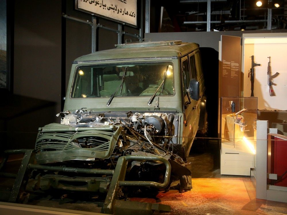  A G-Wagon blown up by Afghan insurgents in 2005. The blast threw the vehicle almost seven metres, but the vehicle’s protective armour saved its occupants on display in the Cold War to the Present gallery.