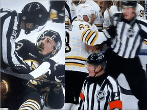 From left, Marchand's reaction to being tackled by a linesman on Tuesday; and his shove on Thursday.