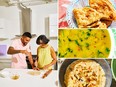 Clockwise from left: Chef Devan Rajkumar and his mother, Bhano Rajkumar, make roti, a close-up of the whole-wheat flatbreads, Mom's dhal and saffron kheer. PHOTOS BY SUECH AND BECK