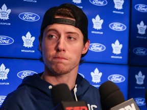 Toronto Maple Leafs Mitch Marner speaks to the media at the Ford Performance Centre on locker cleanup day.
