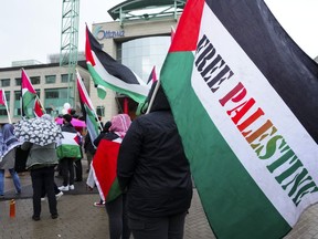 Pro-Palestinian protesters rally at Ottawa City Hall after the city raised the Israeli flag in Ottawa on Monday, May 13, 2024. The Ottawa police hate crime unit is investigating a video that shows a Muslim woman's hijab being torn off at a protest this week.