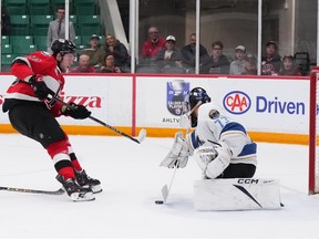 The Belleville Senators' Zack Ostapchuk gets in alone, but is stopped by Cleveland goalie Jet Greaves during the first period at the CAA Arena in Belleville on Wednesday, May 1, 2024.