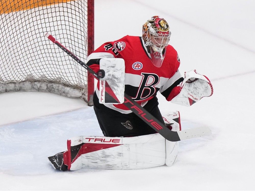Belleville Senators goalie Mads Sogaard keeps his eyes on the puck during the first period against the Cleveland Monsters at the CAA Arena in Belleville on Wednesday, May 1, 2024.