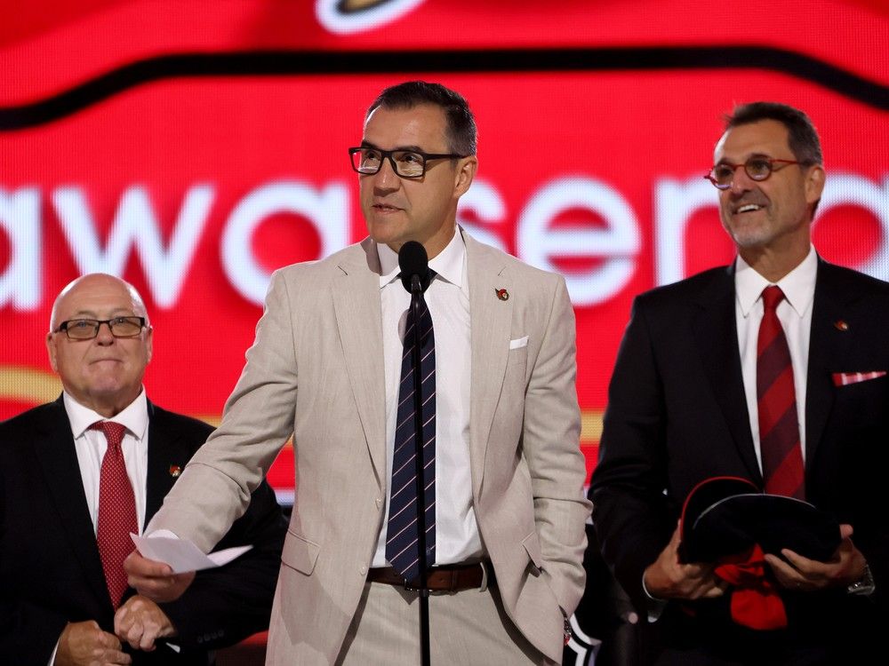 General manager Steve Staios of the Ottawa Senators announces the seventh overall pick during the first round of the 2024 Upper Deck NHL Draft at Sphere on June 28, 2024 in Las Vegas, Nevada.