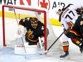 Calgary Flames goalie Jacob Markstrom battles Anaheim Ducks Frank Vatrano