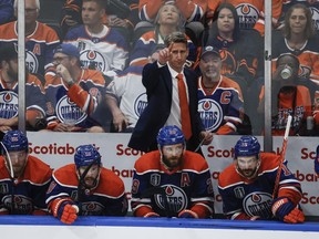 Edmonton Oilers head coach Kris Knoblauch gestures during the second period of Game 6 of the NHL hockey Stanley Cup final against the Florida Panthers in Edmonton, Friday, June 21, 2024.THE CANADIAN PRESS/Jeff McIntosh