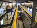 An train waits at St. Laurent Station on the Confederation Line in this May 2024 photo.