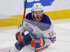 SUNRISE, FLORIDA - JUNE 24: Mattias Janmark #13 of the Edmonton Oilers celebrates after scoring a goal against the Florida Panthers during the first period of Game Seven of the 2024 Stanley Cup Final at Amerant Bank Arena on June 24, 2024 in Sunrise, Florida.