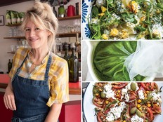 Clockwise from left: chef and cookbook author Carrie Solomon, potato salad with tzatziki and fennel, ramp leaf oil (or green herb oil) and tomato carpaccio with crispy chickpeas, stracciatella and fried rosemary. PHOTOS BY CARRIE SOLOMON