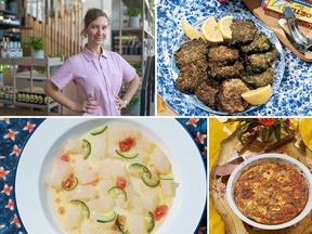 Clockwise from top left: author Naama Shefi, founder of the Jewish Food Society, spinach rissoles (fritters), zucchini pashtida (casserole) and preserved fish. AUTHOR PHOTO BY TOMER APPLEBAUM/FOOD PHOTOS BY PENNY DE LOS SANTOS