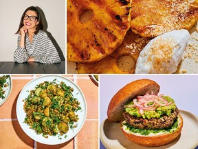 Clockwise from top left: author Desiree Nielsen, grilled pineapple with toasted coconut, cumin lime black bean burgers and herby potato salad with grainy mustard vinaigrette. PHOTOS BY GABRIEL CABRERA