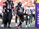 Redblacks' Ryquell Armstead celebrates his touchdown against the Edmonton Elks during first half CFL football action in Ottawa on Friday, July 19, 2024.