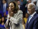 Politics tamfitronics U.S. Vice-President Kamala Harris gives remarks alongside U.S. President Joe Biden at Prince George's Community College on Aug. 15, 2024 in Largo, Maryland.