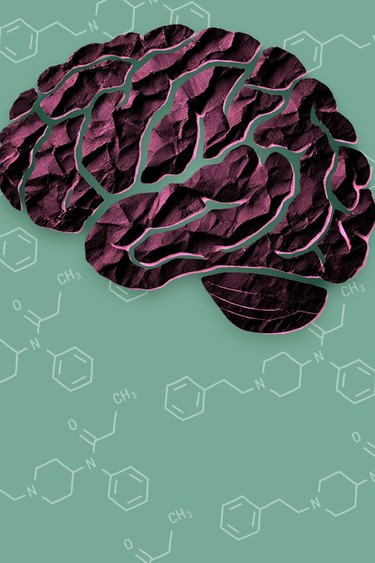 A black and pink brain in a sea of green fentanyl molecules